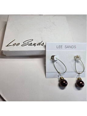 NWT Lee Sands Earring Drop Hoop Interchangeable Brown and Pearl Goldtone Crystal
